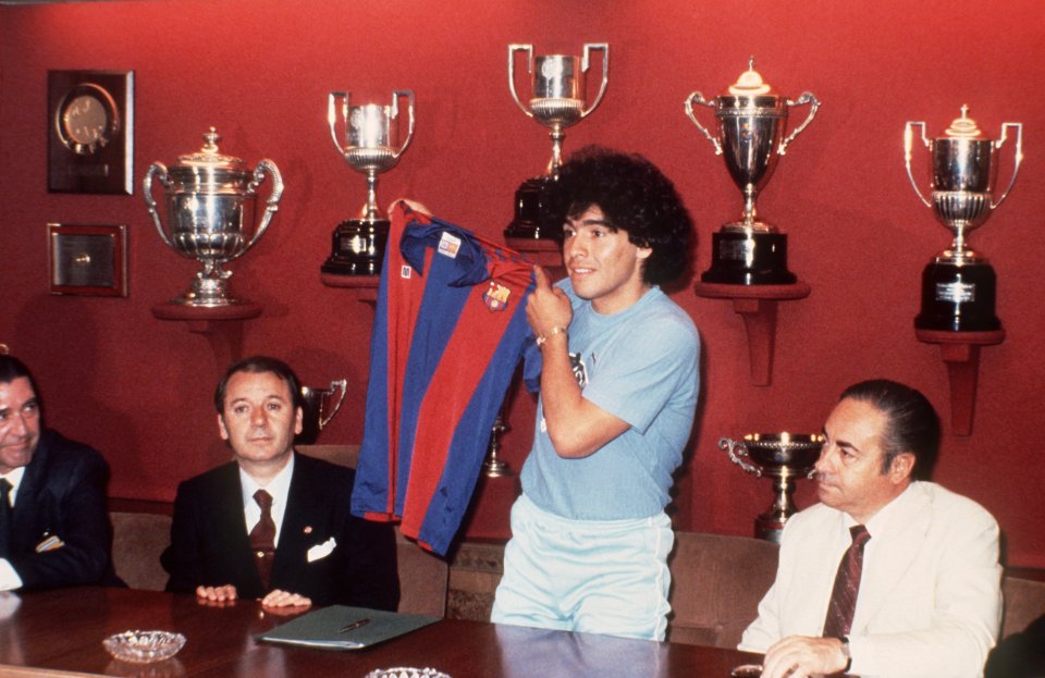  1982: 21-year-old Maradona presents his jersey after signing for Barcelona for a record £5million. He had earlier won the Argentinian league title with his previous team Boca Juniors, earning him the transfer