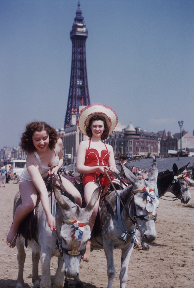  Two holidaymakers enjoying a donkey ride on the beach at Blackpool, circa 1950