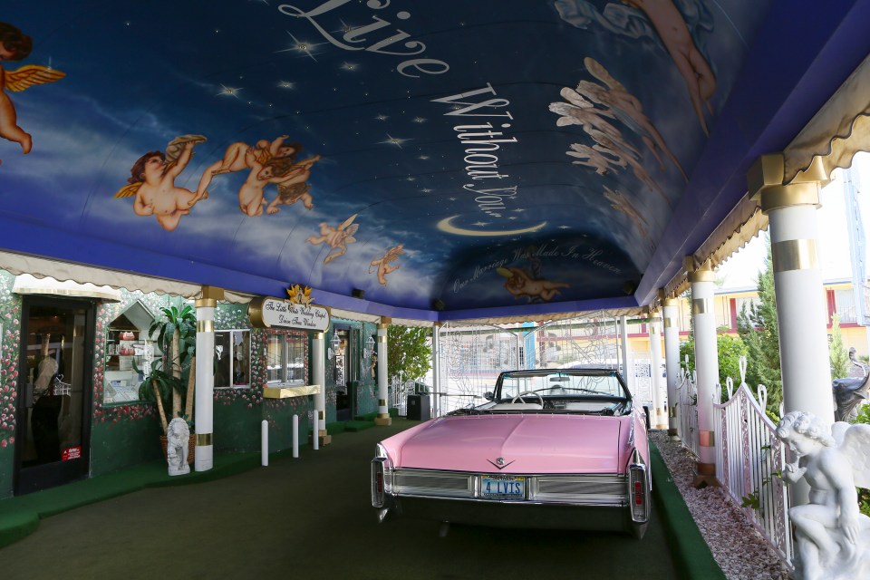  The wedding chapel comes complete with a lurid-pink car