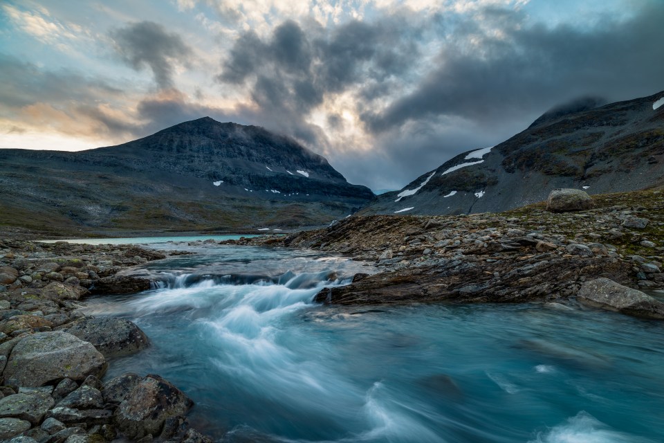  Water rushes down from the mountains in the national park of Sulitjelma in northern Norway