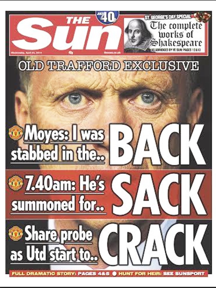  The Sun's front page on how David Moyes was sacked in 2014