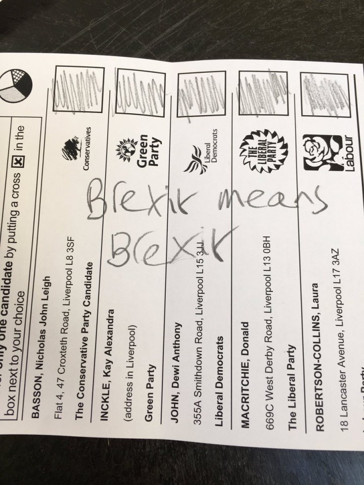 A voter in Liverpool declared, “Brexit means Brexit”