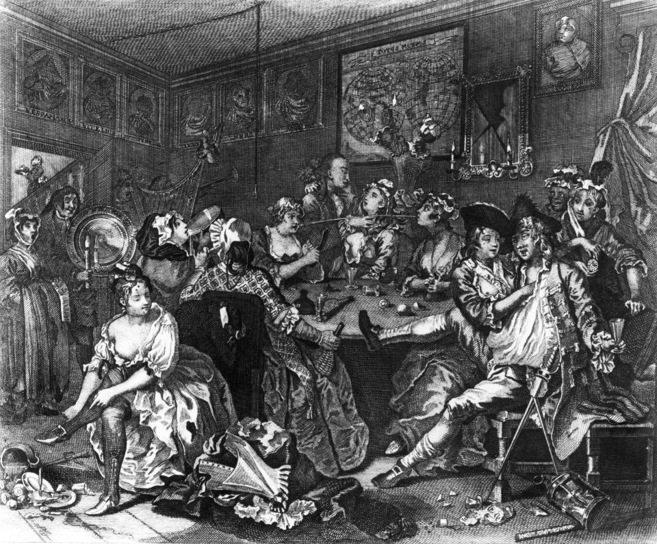  Another drawing features a rowdy group of men and women drinking and fornicating