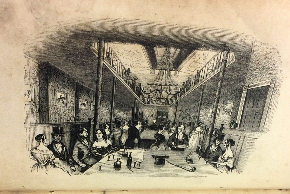  Another drawing shows a large room full of men drinking and chatting to women, presumably prostitutes in a brothel