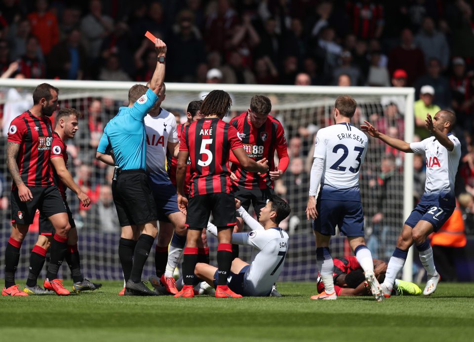  Heung-min Son is sent-off for shoving Jefferson Lerma to the ground