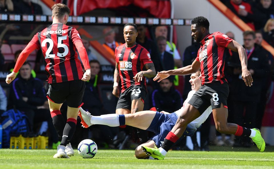  Juan Foyth lunges in on Jack Simpson to earn a red card and leave Spurs down to nine men