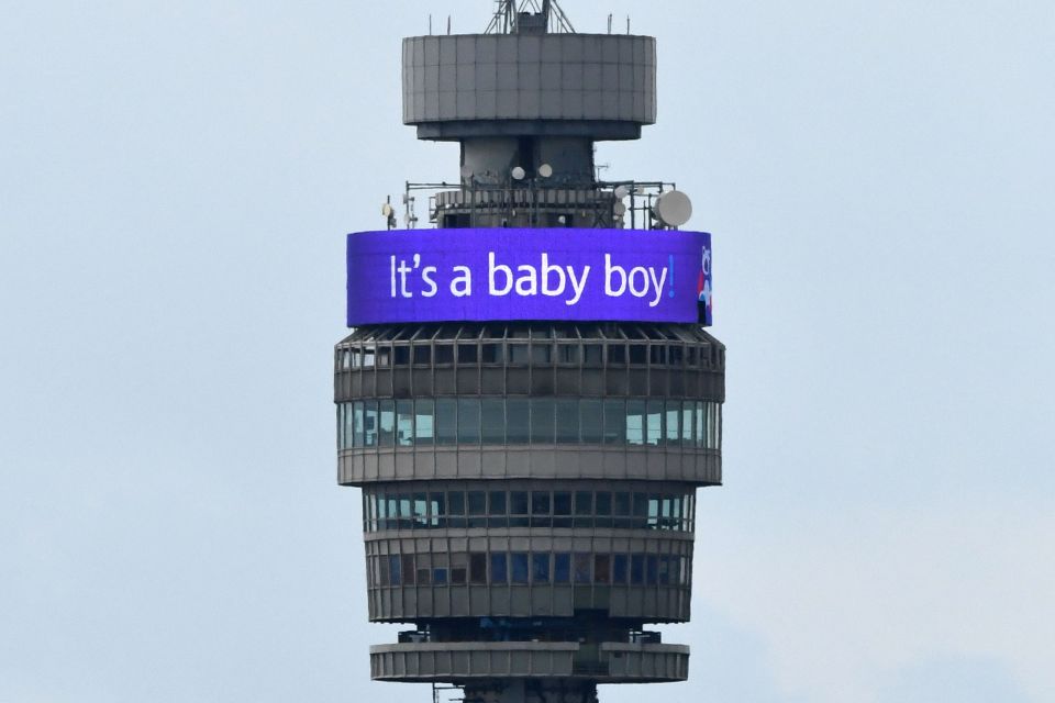  An 'It's a Baby Boy' banner is illuminated on the BT Tower in London