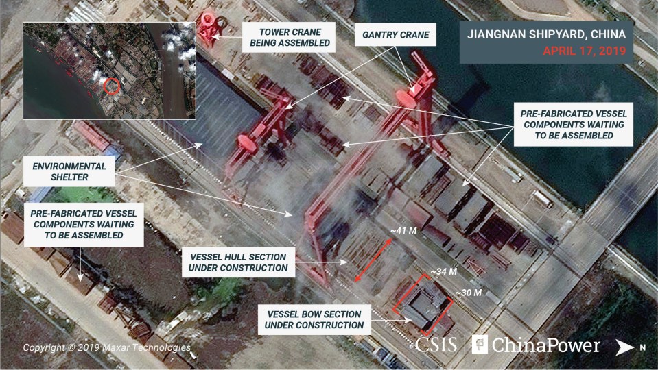  A satellite image shows what appears to be the construction of a third aircraft carrier at the Jiangnan Shipyard