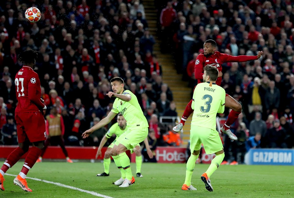  Gini Wijnaldum leapt to head the Reds level on aggregate just 31 seconds after the restart following his first goal