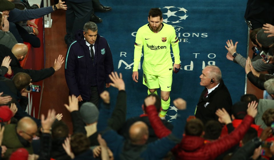  Messi trudges down the Anfield tunnel after Barcelona was stunned in the semi-final second leg