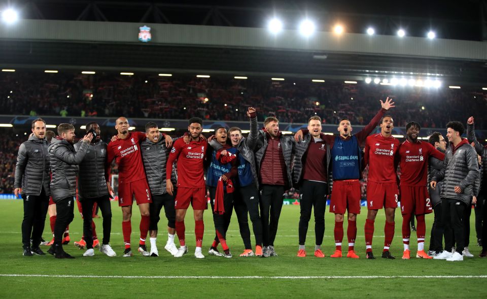  Liverpool players and coaches celebrated their epic comeback in front of the Kop