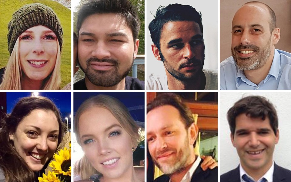 The victims of the London Bridge terror attack (top row left to right) Christine Archibald, James McMullan, Alexandre Pigeard, Sebastien Belanger, (bottom row left to right) Kirsty Boden, Sara Zelenak, Xavier Thomas and Ignacio Echeverria