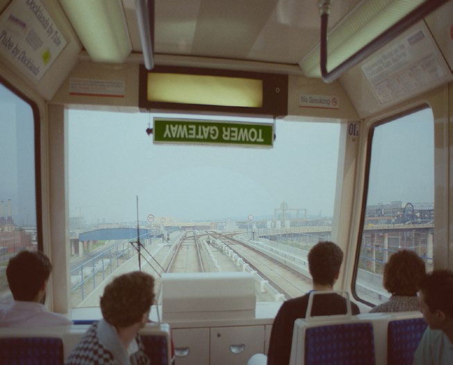  On the DLR travelling from Westferry to Poplar, 1988 - The automated metro system had only opened one year before this picture was taken - the service was built to serve the newly developed Docklands area of East London