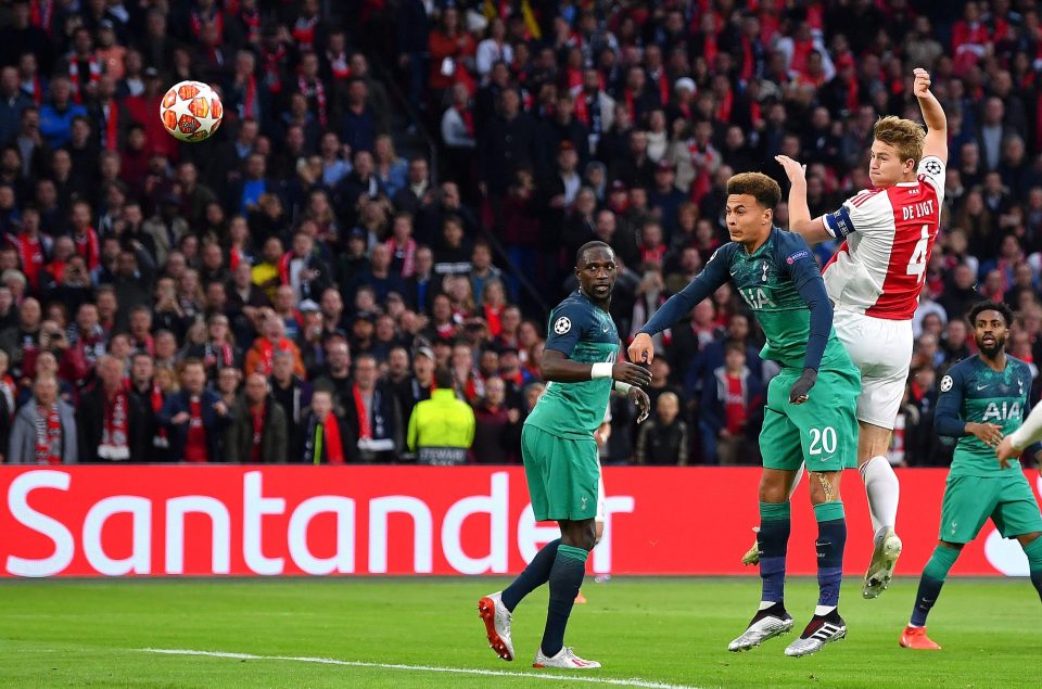  De Ligt rises to nod past Spurs keeper Hugo Lloris at the Johan Cruyff Arena