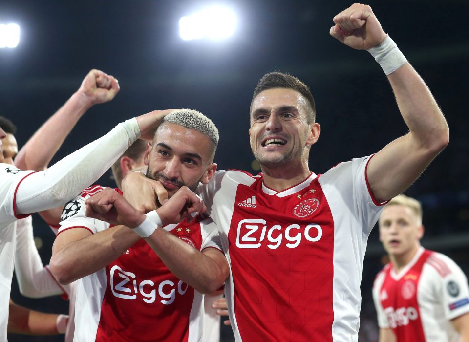  Ziyech celebrates netted Ajax's second goal with ex-Southampton winger Dusan Tadic