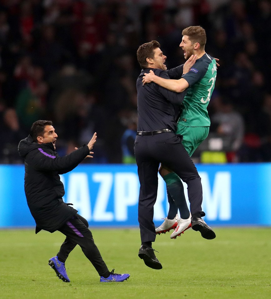  Ecstatic Poch with Spurs defender Ben Davies after his side pulled off a stunning turnaround