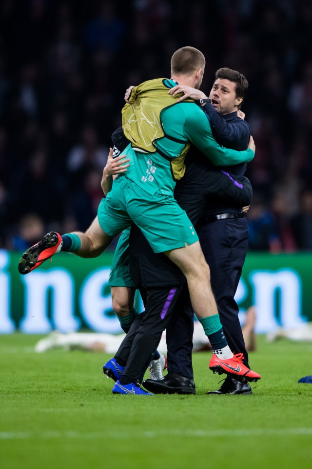  Eric Dier jumps onto his manager after Spurs reached the Champions League final