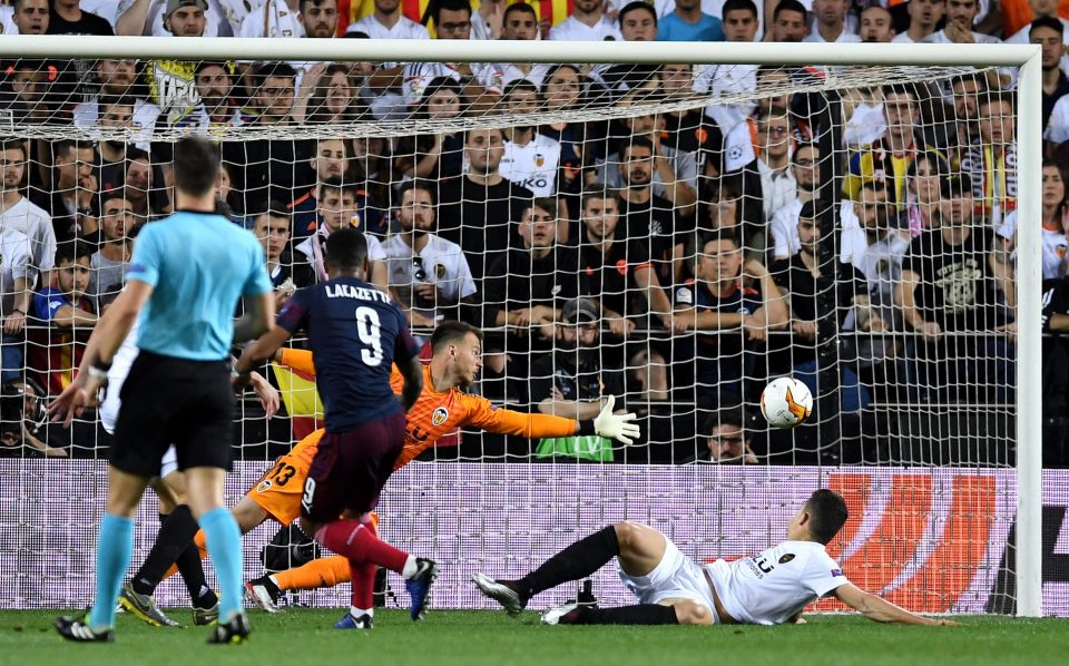  Alexandre Lacazette puts rampant Arsenal 2-1 up on the night as they reached the Europa League final after an entertaining second leg at Valencia