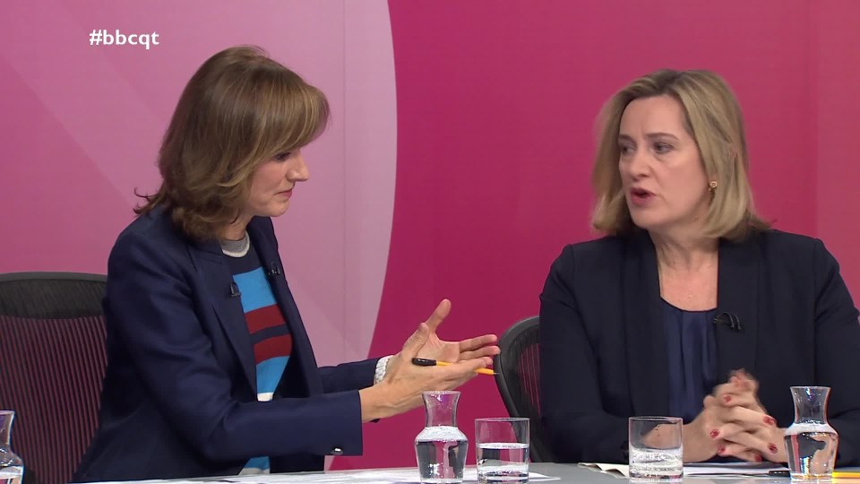 Host Fiona Bruce interviews Amber Rudd on Question Time