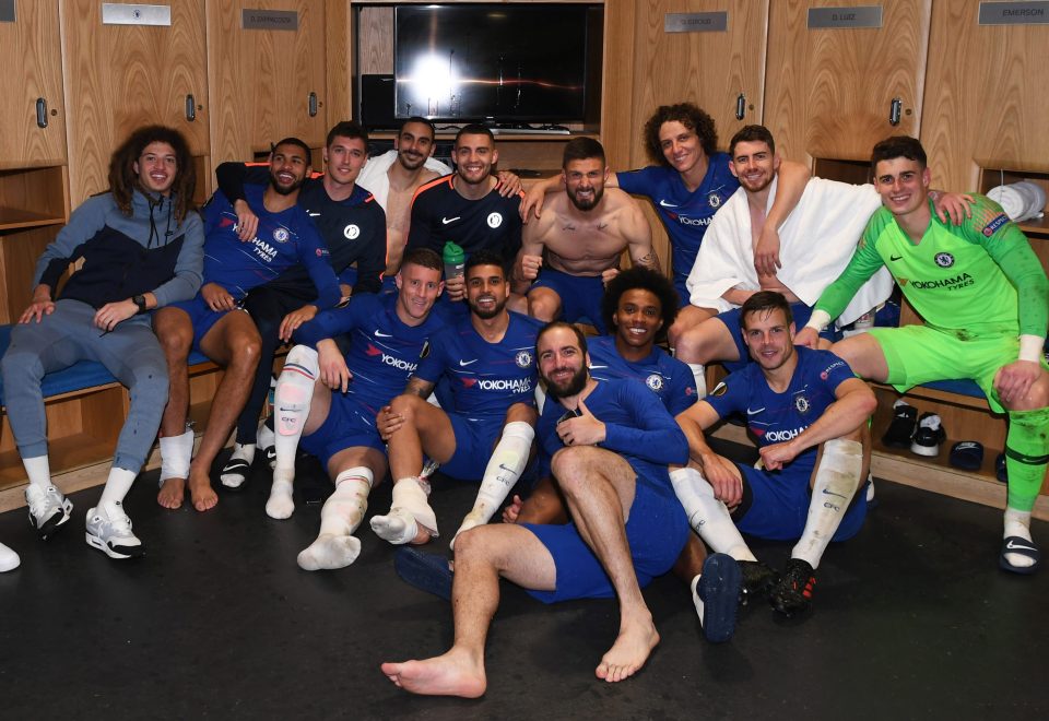  Chelsea players celebrate in the dressing room after beating their German opponents