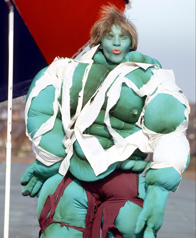 Freddie Starr grins as the Hulk in one of his madcap costumes