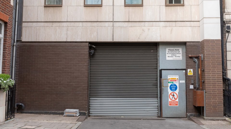  Metal garage door at the rear of Portland Hospital