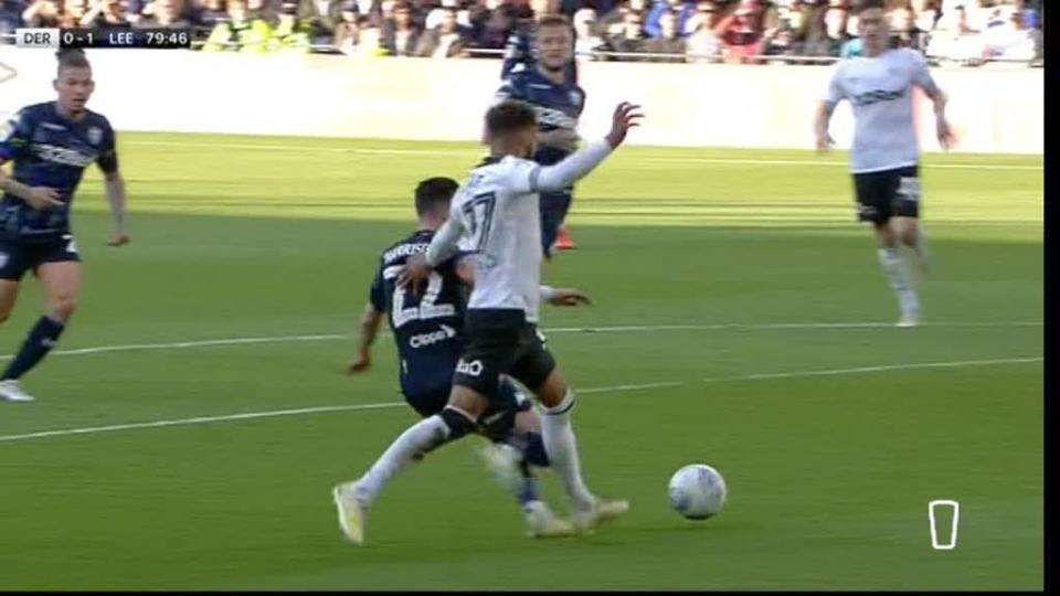  The referee pointed to the spot after Jack Harrison and Jayden Bogle tangled in the box but changed his mind after consulting his linesman