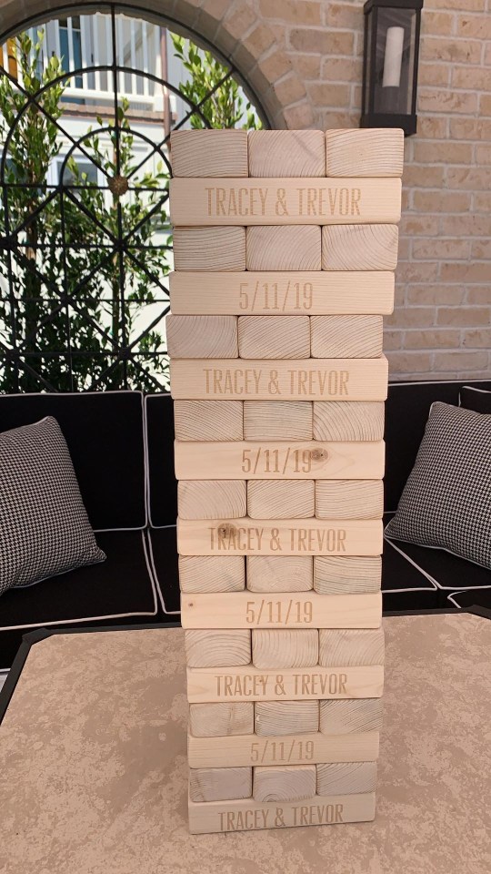  The wedding included a personalised Jenga game with the couple's names on it