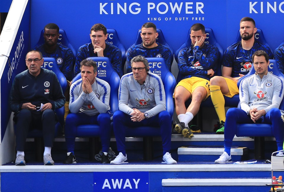 Maurizio Sarri watches on as Eden Hazard slumps in his seat during perhaps his final Premier League match for the Blues