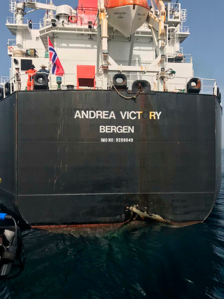  This photo provided by the United Arab Emirates' National Media Council shows the Norwegian-flagged oil tanker MT Andrea Victory off the coast of Fujairah, United Arab Emirates which was hit by a sabotage act