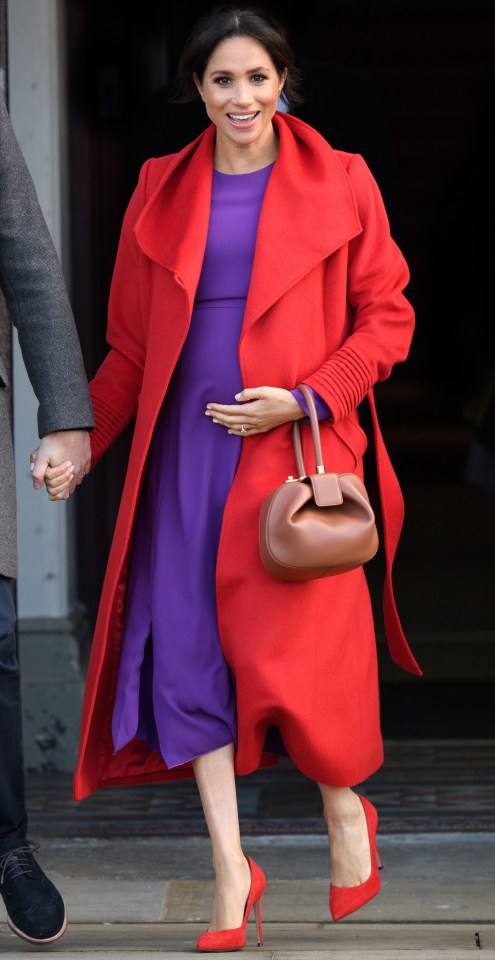 Meghan wore this colour-blocking outfit during a visit to Birkenhead in January