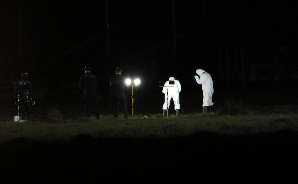 A forensic team set to work on a shallow grave and are protected by police