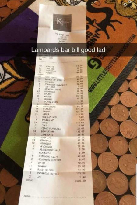  Lampard's huge bill was shared on social media after the celebrations