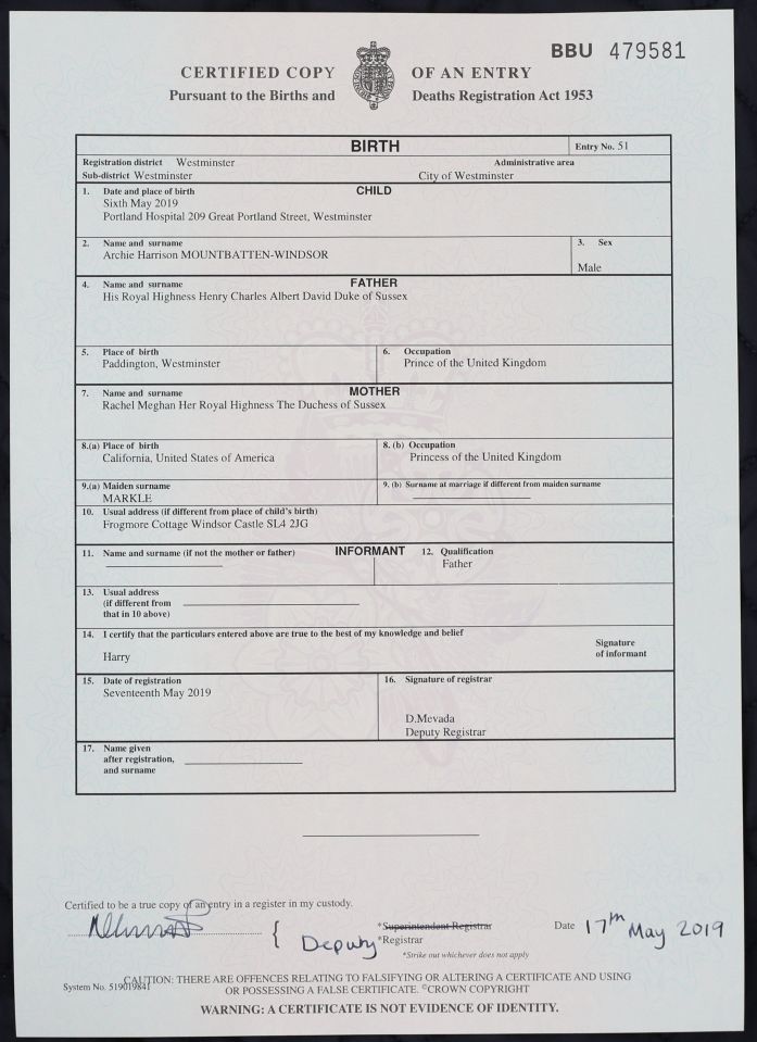  Meghan is listed as "Princess of the UK" on her son's birth certificate