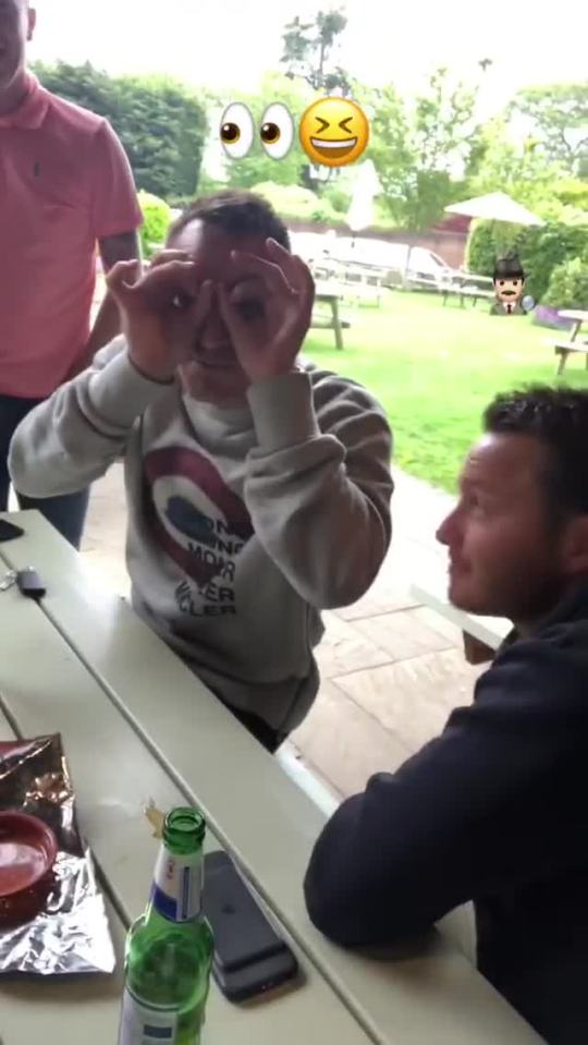  Posting in a beer garden, Aston Villa No2 then put his hands to his eyes like binoculars