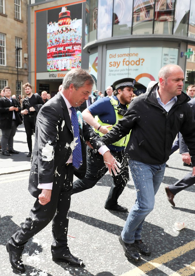  Farage had been campaigning in Newcastle when a bystander pelted him with milkshake