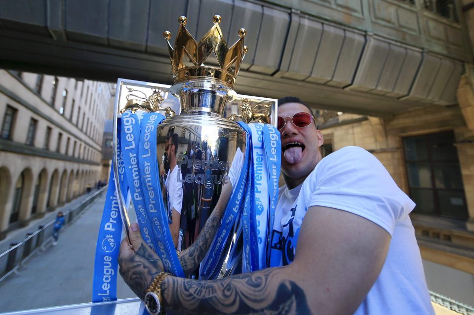  Ederson with the Premier League trophy during Monday's parade in Manchester