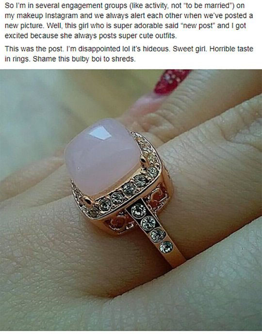  A bride-to-be has been shamed for her 'hideous' ring which 'looks like a Dr Pimple Popper cyst'