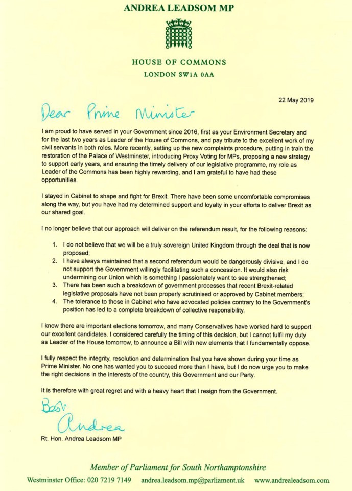 Andrea Leadsom's stinging resignation letter to Theresa May