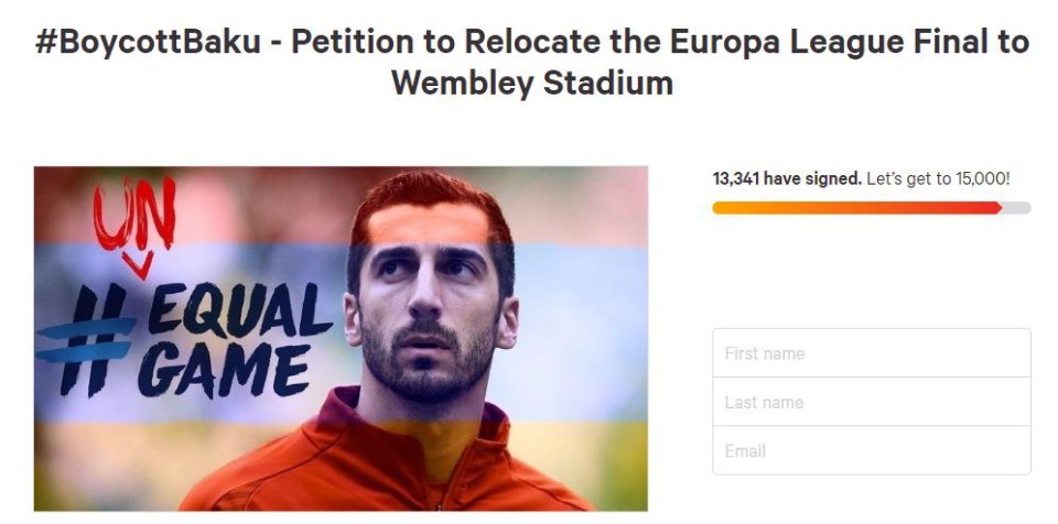  Arsenal fans' petition to get the Europa League final moved from Baku to Wembley has reached 13,000 signatures