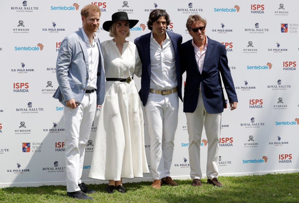  Duke of Sussex, poses for a group photo with Argentine Polo player Nacho Figueras, second from right, his wife Delfina Blaquier, and Chairman of Sentebale charity Johnny Hornby