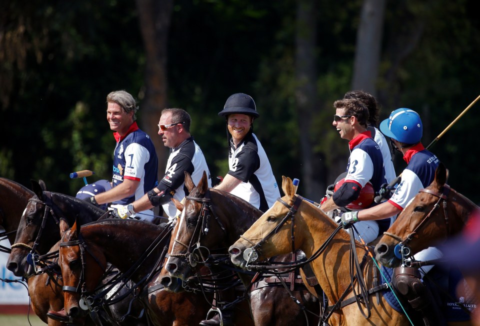  Prince Harry grins as he lines up with fellow polo players today