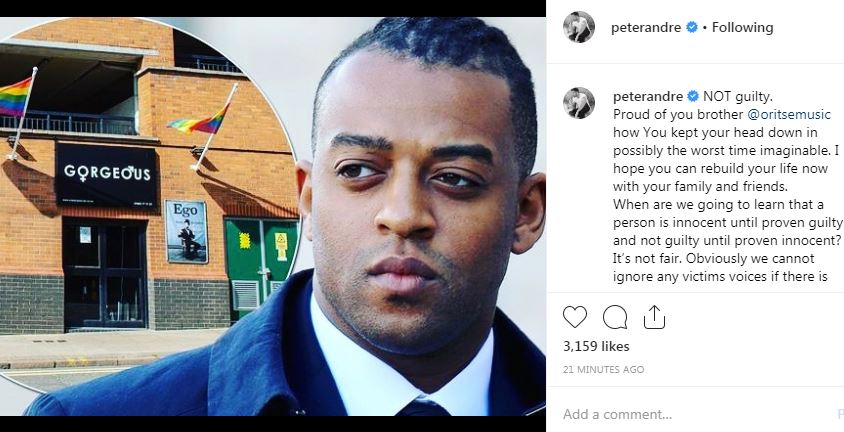 Peter Andre threw his support behind Oritse Williams after he was cleared of rape