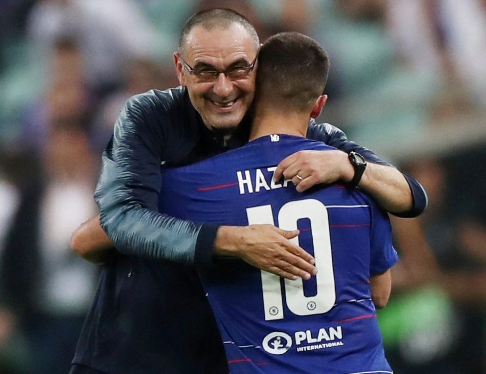 Maurizio Sarri embraces Eden Hazard after taking the two-goal star off in the dying minutes of a 4-1 Europa League final win over Arsenal