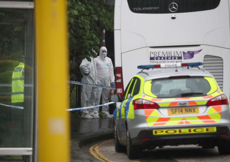  Forensics scour the scene for clues following the knife attack this afternoon