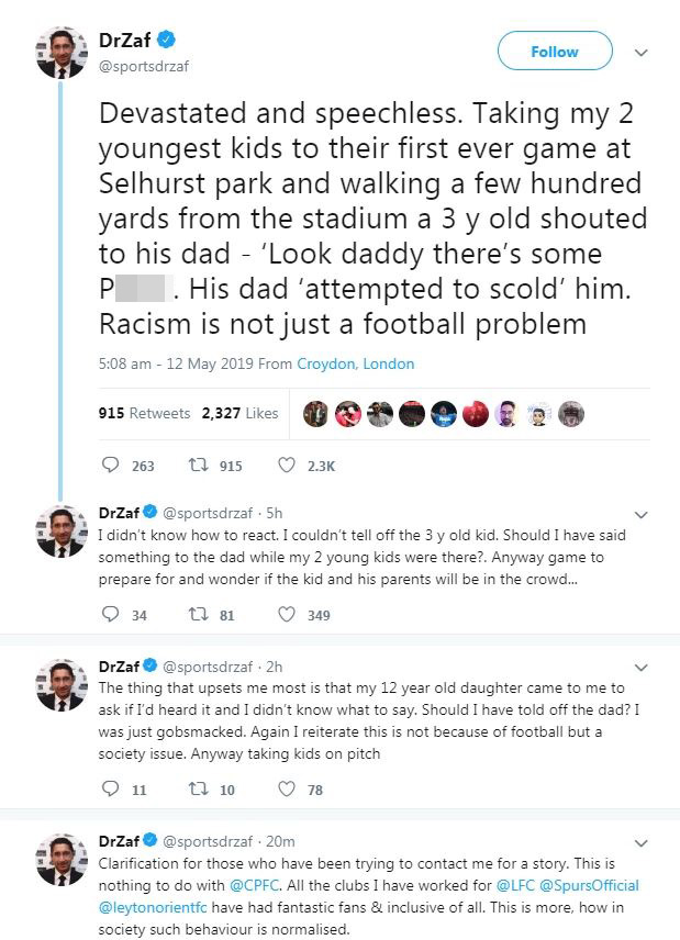  Dr Zafar Iqbal's tweets after he was racially abused outside Selhurst Park