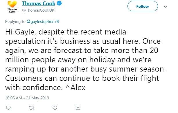  Thomas Cook staff have been defending the company on Twitter