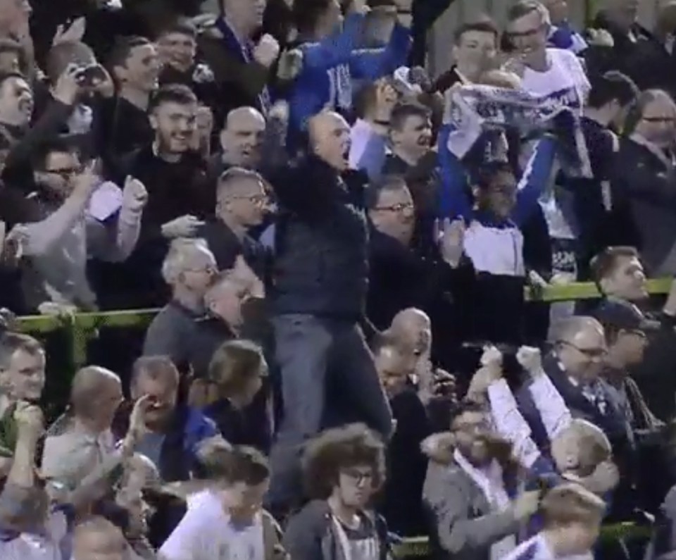  Mike Dean could not hide his delight and climbed on the rail after Tranmere reached the League Two play-off final