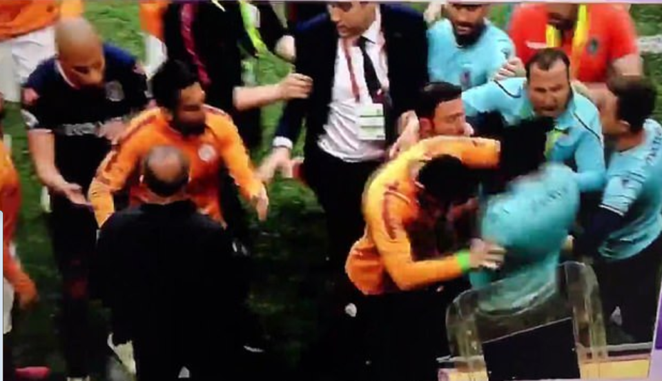  Adebayor was sent crashing to the bench in the fracas with Gala's reserve keeper Ismail Cipe