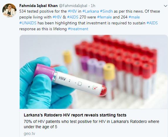  Human rights and gender activist Fahmida Khan tweets about the spread of HIV in Larkana, Pakistan